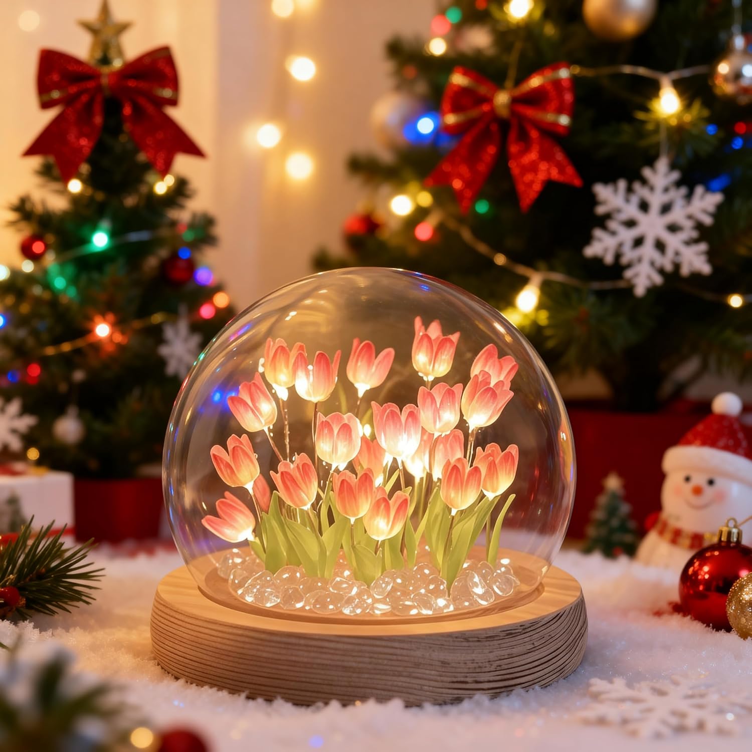 Tulip Flower Night Lamp with Glass Dome – Romantic Table Decor Gift