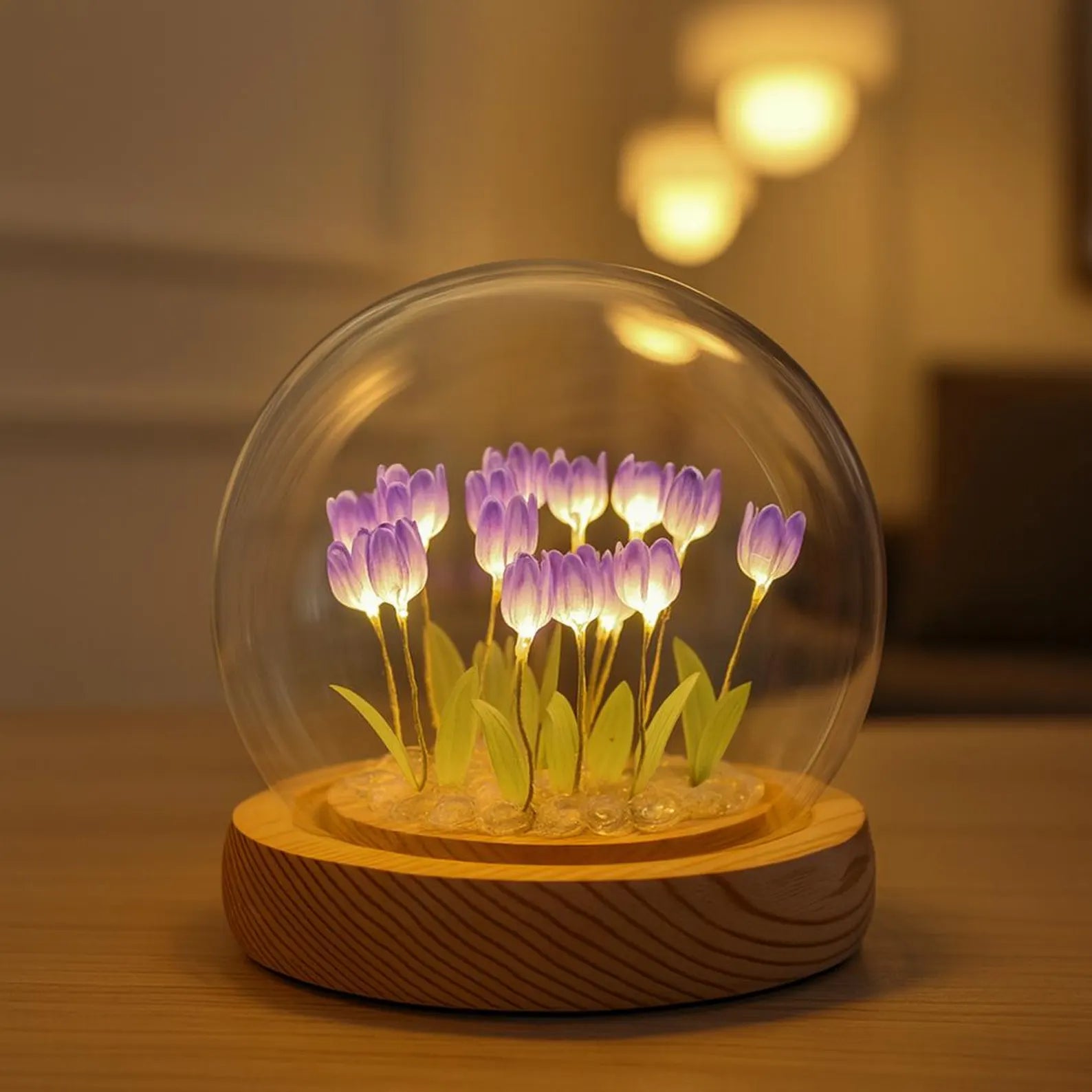 Tulip Flower Night Lamp with Glass Dome – Romantic Table Decor Gift