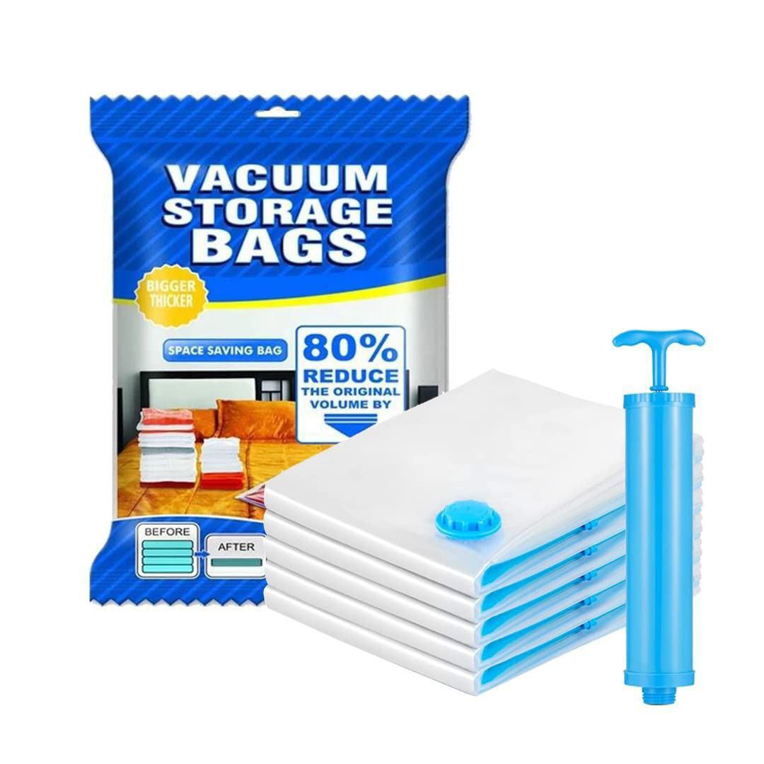 Vacuum Compression Storage Bags with Hand Pump (5 Pack) – Space Saving Vacuum Bags for Clothes, Blankets & Travel