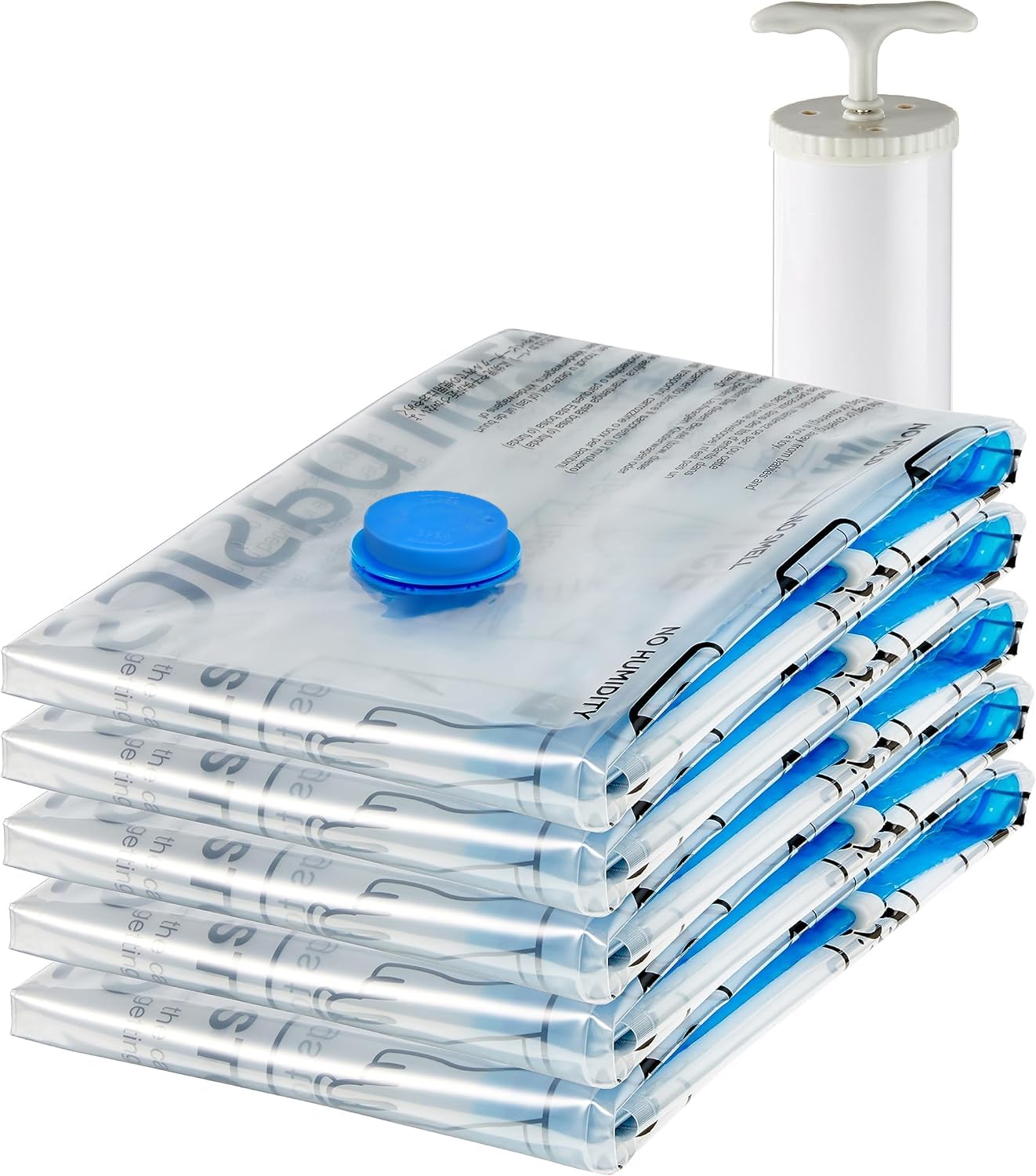 Vacuum Compression Storage Bags with Hand Pump (5 Pack) – Space Saving Vacuum Bags for Clothes, Blankets & Travel