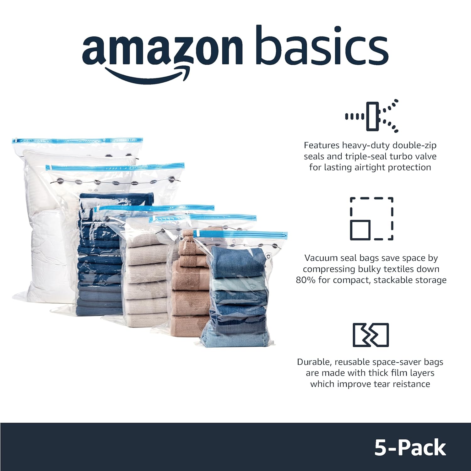 Vacuum Compression Storage Bags with Hand Pump (5 Pack) – Space Saving Vacuum Bags for Clothes, Blankets & Travel