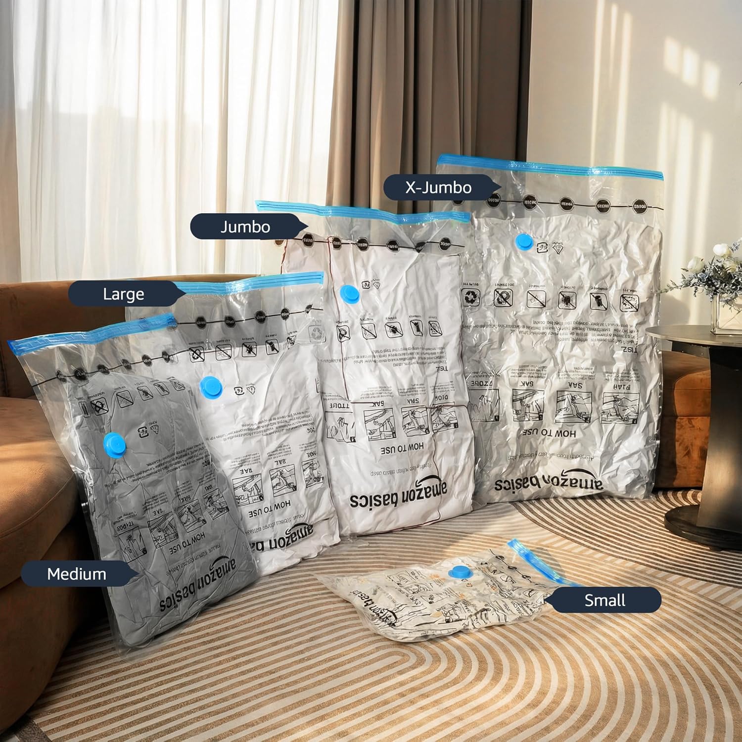 Vacuum Compression Storage Bags with Hand Pump (5 Pack) – Space Saving Vacuum Bags for Clothes, Blankets & Travel