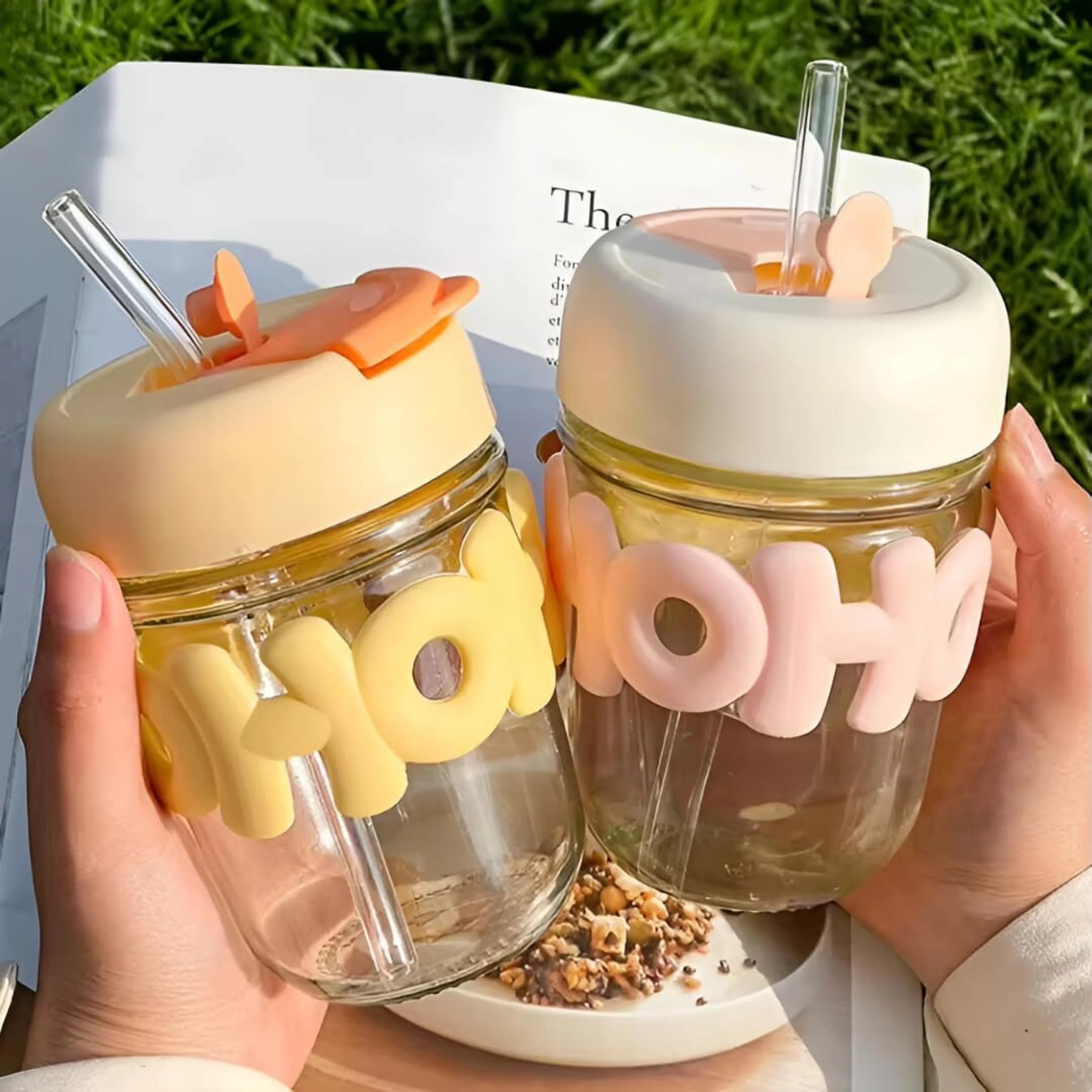Glass Sipper Tumbler with Lid & Straw – 350ml Transparent Juice, Tea & Coffee Drinking Glass