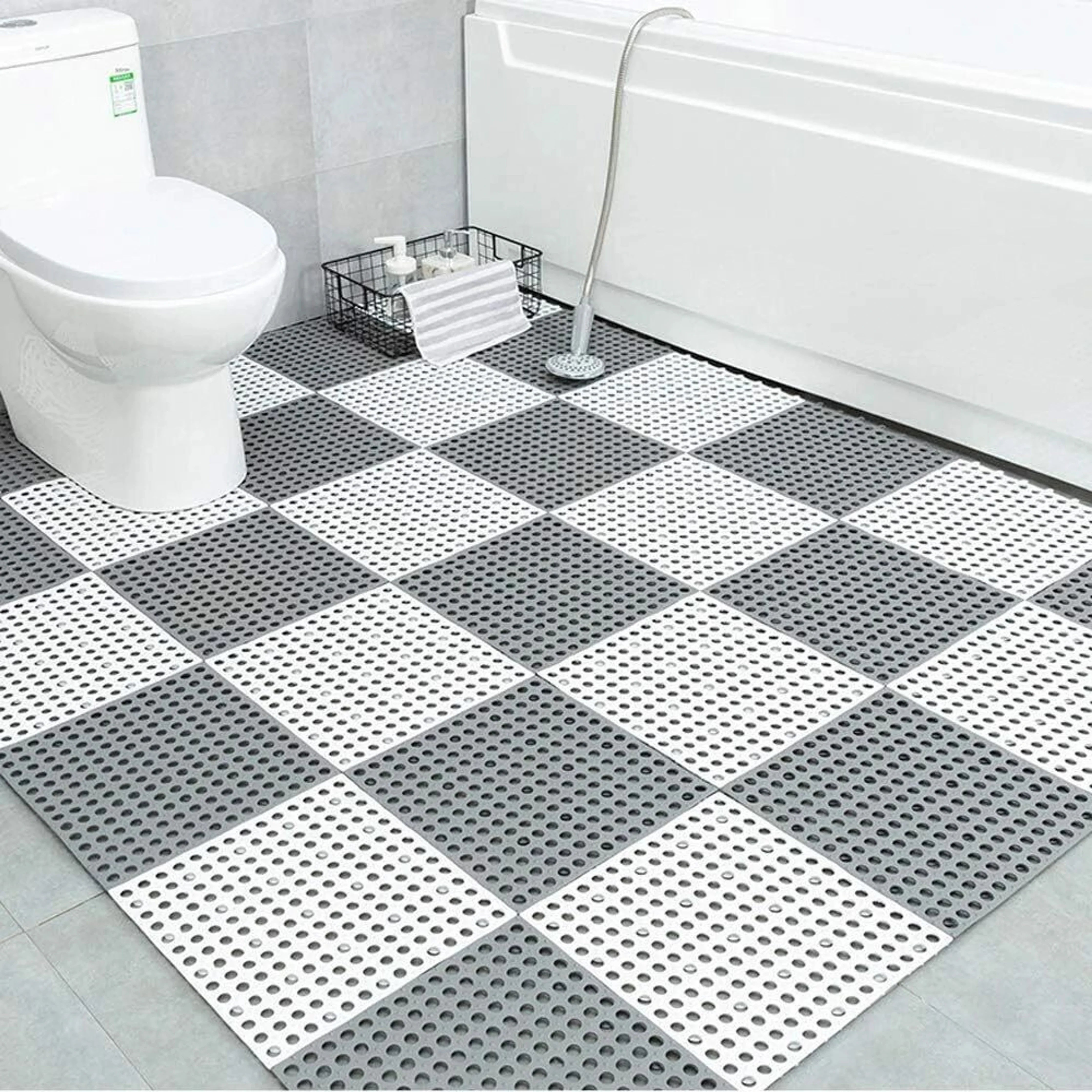 Interlocking Non-Slip Shower Floor Mat Set of 2 Grey White Bathroom Tiles
