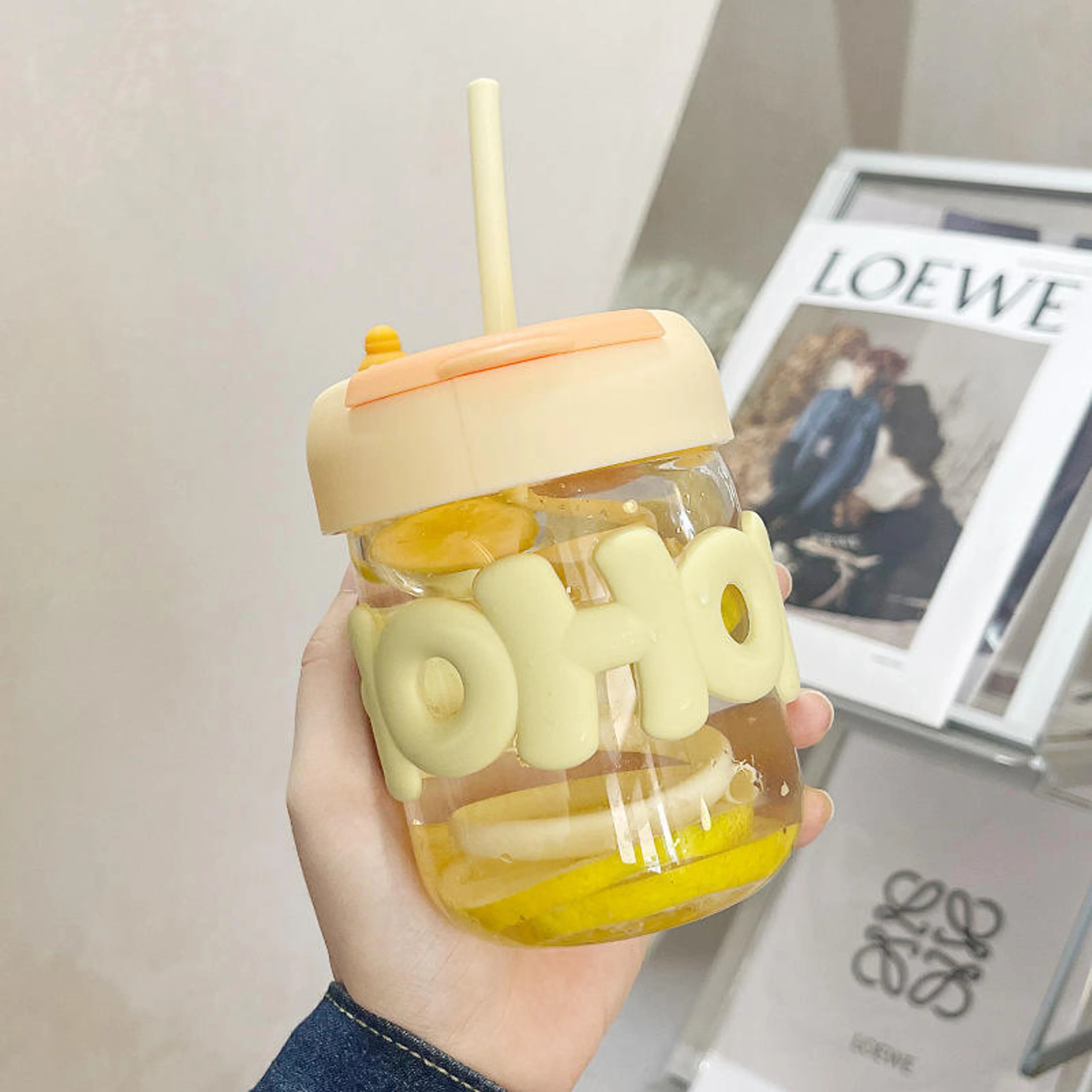 Glass Sipper Tumbler with Lid & Straw – 350ml Transparent Juice, Tea & Coffee Drinking Glass