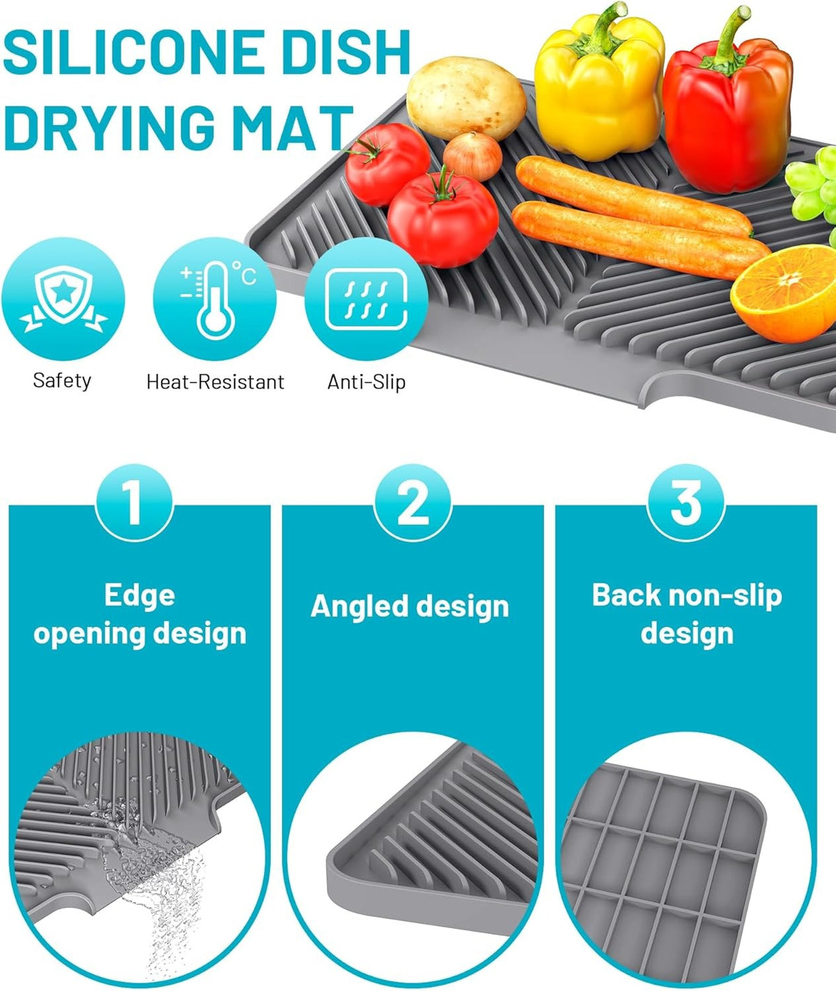 Quick-Drain Silicone Dish Drying Mat - front view