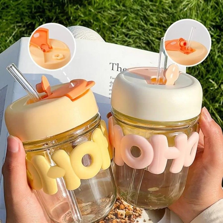 Glass Sipper Tumbler with Lid & Straw – 350ml Transparent Juice, Tea & Coffee Drinking Glass