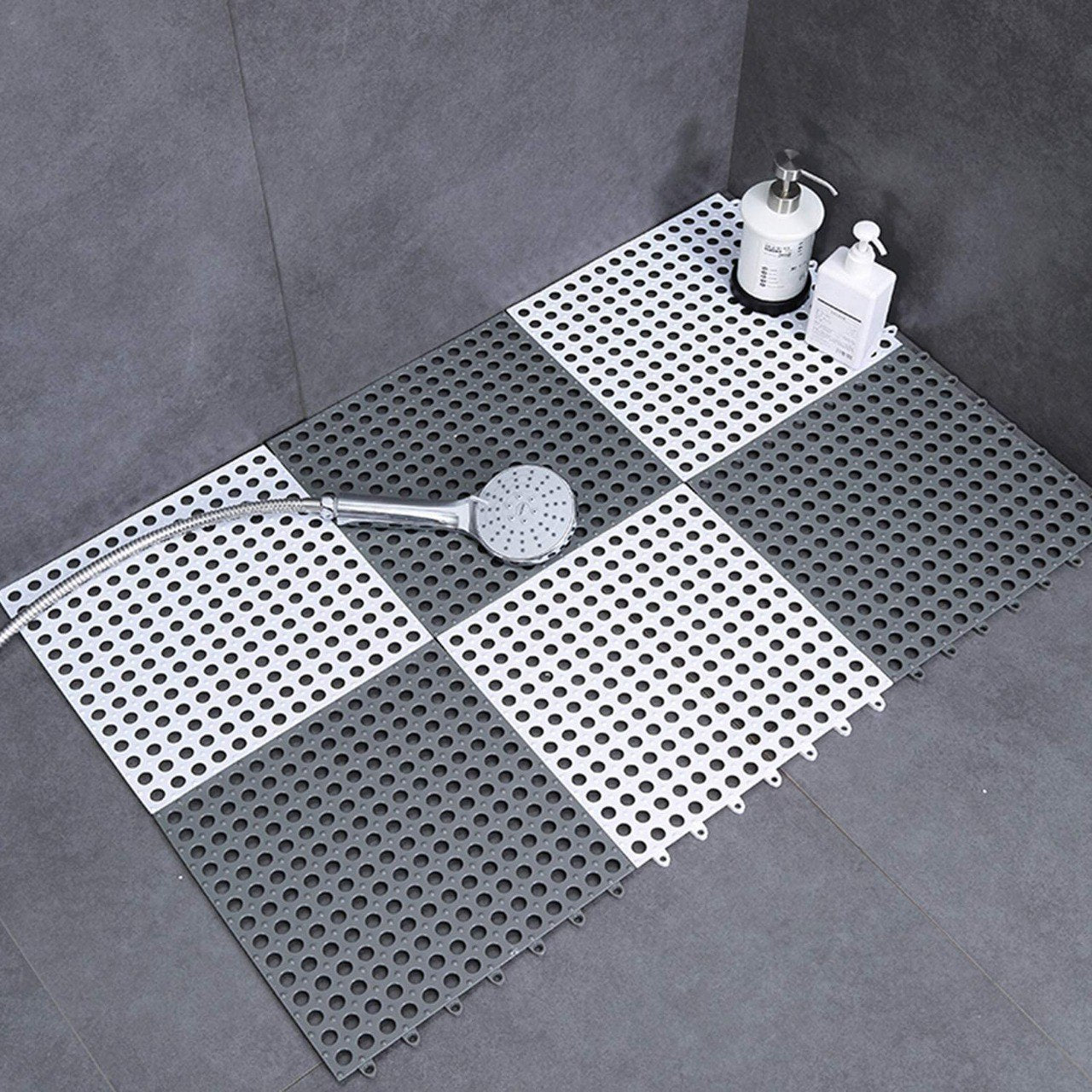 Interlocking Non-Slip Shower Floor Mat Set of 2 Grey White Bathroom Tiles